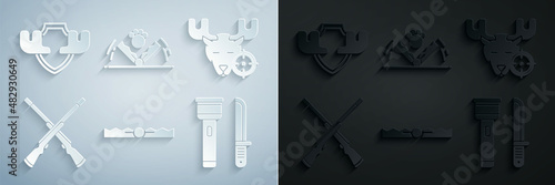 Set Trap hunting, Hunt on moose with crosshairs, Two crossed shotguns, Flashlight and knife, and Moose horns shield icon. Vector