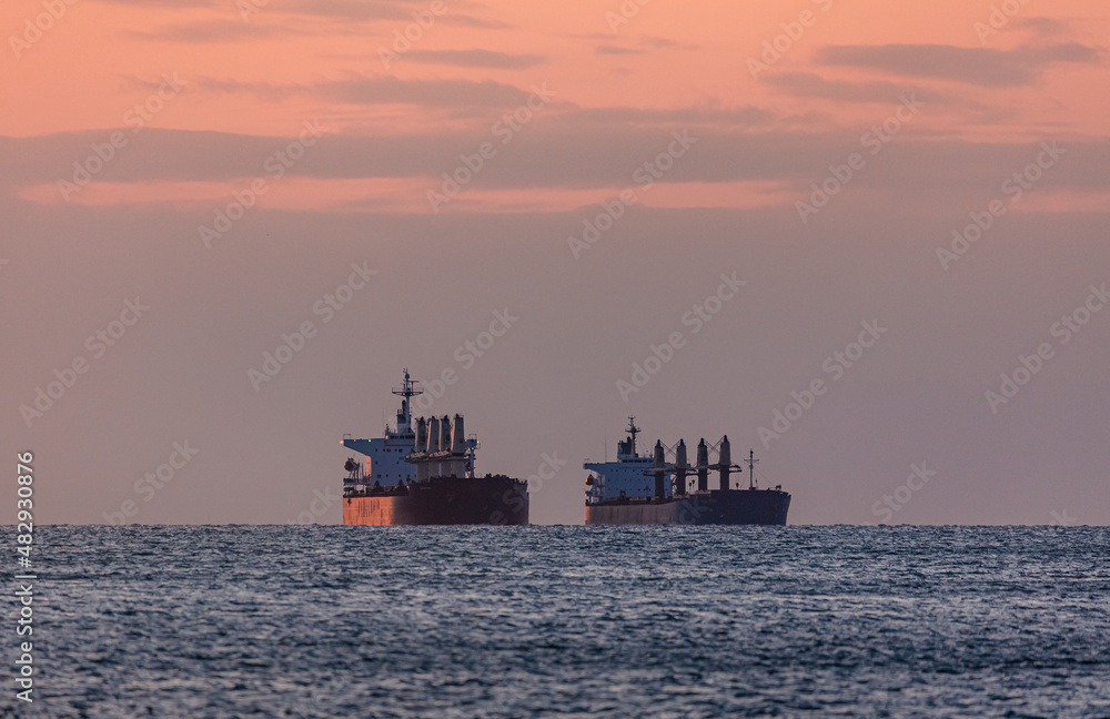 cargo ship in the sea at sunset
