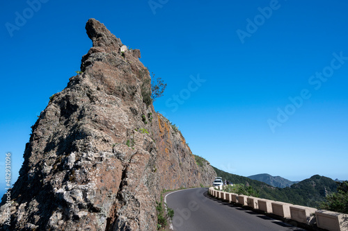 Driving on narrow roads in Anaga national park, North of Tenerife, Canary islands, Spain photo