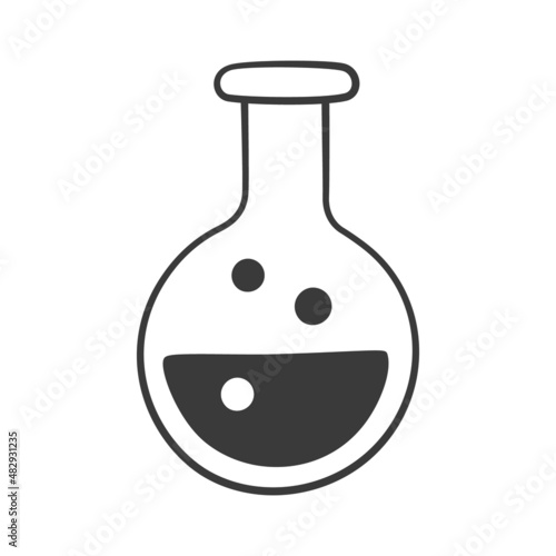 Laboratory flask icon in doodle style. Children drawing. Hand drawn vector illustration isolated on white background.