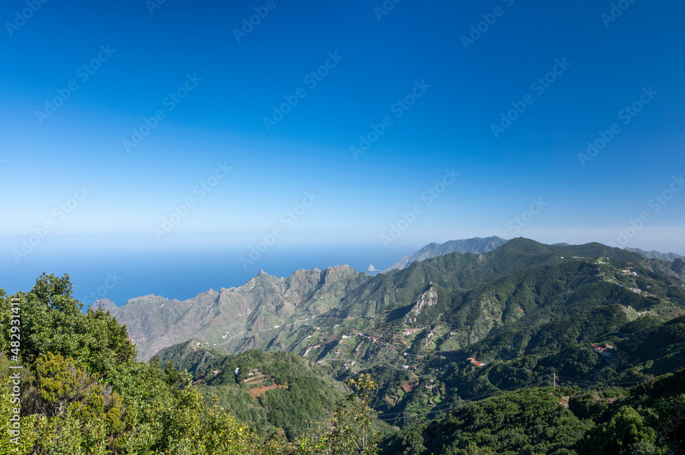 Panoramic view on green mountains of Anaga national park, North of Tenerife, Canary islands, Spain