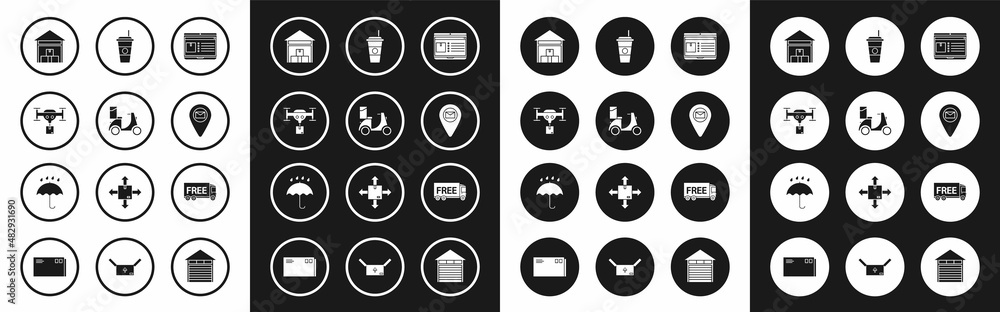 Set Laptop with app delivery tracking, Scooter, Delivery drone the package, Warehouse, Placeholder map paper, Coffee cup, Free service and Umbrella and rain drops icon. Vector