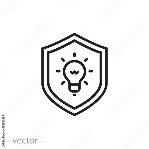 copyright protection icon, shield with lightbulb, intellectual property security, defence authorship, thin line symbol on white background - editable stroke vector illustration eps10