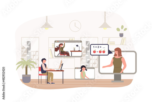 Distance learning modern flat concept. Boy pupil sits at home and watches video lesson with teacher and classmates. Online education. Vector illustration with people scene for web banner design