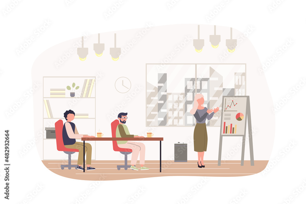 Business meeting at conference room modern flat concept. Woman presenting report with data analysis, employees listen and discuss strategy. Vector illustration with people scene for web banner design