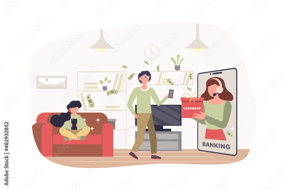 Mobile banking services modern flat concept. Man and woman pay for purchases online in app and receive cashback on credit card from bank. Vector illustration with people scene for web banner design
