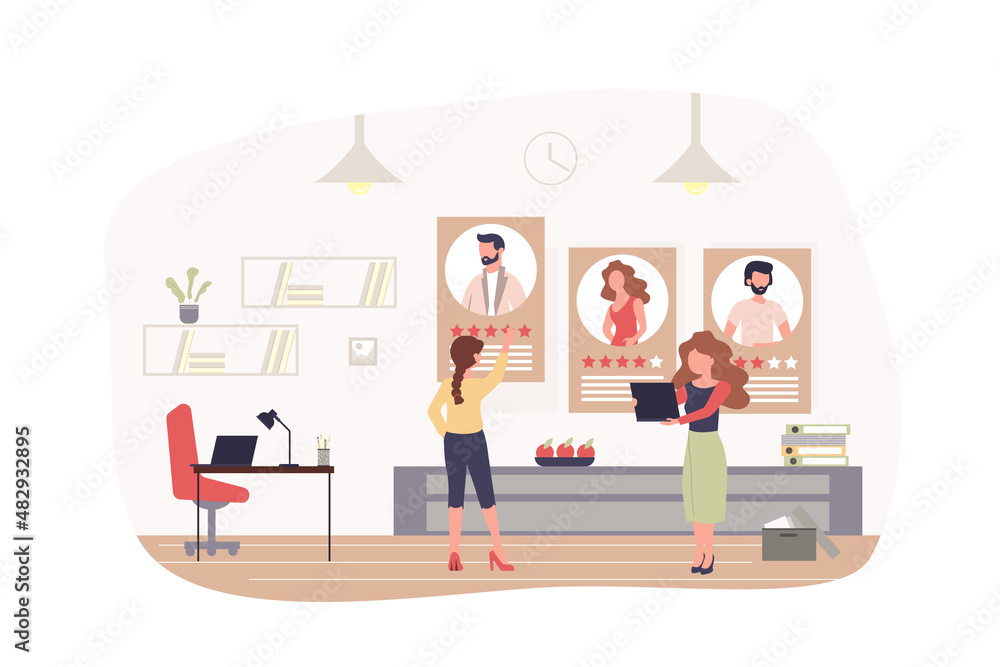 Recruitment and HR process modern flat concept. Managers looking best resumes of applicants for open vacancy and select staff in office. Vector illustration with people scene for web banner design