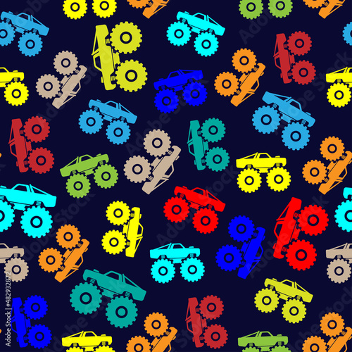 Beautiful bright colorful multicolored monster trucks isolated on dark blue background. Cute transport seamless pattern. Side view. Vector simple flat graphic illustration. Texture.