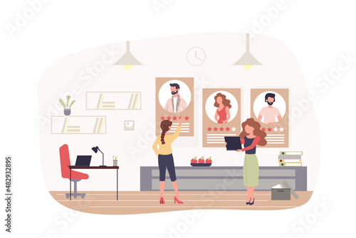 Recruitment and HR process modern flat concept. Managers looking best resumes of applicants for open vacancy and select staff in office. Vector illustration with people scene for web banner design