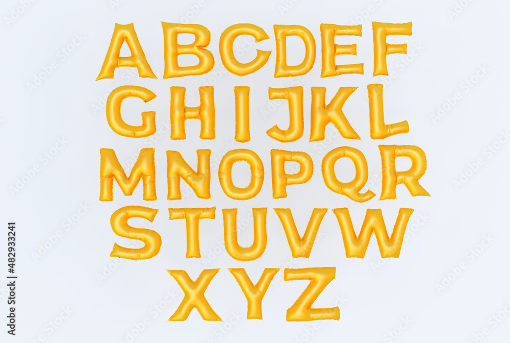 3d render of golden ballons alphabet fonts isolated on white background. golden font set