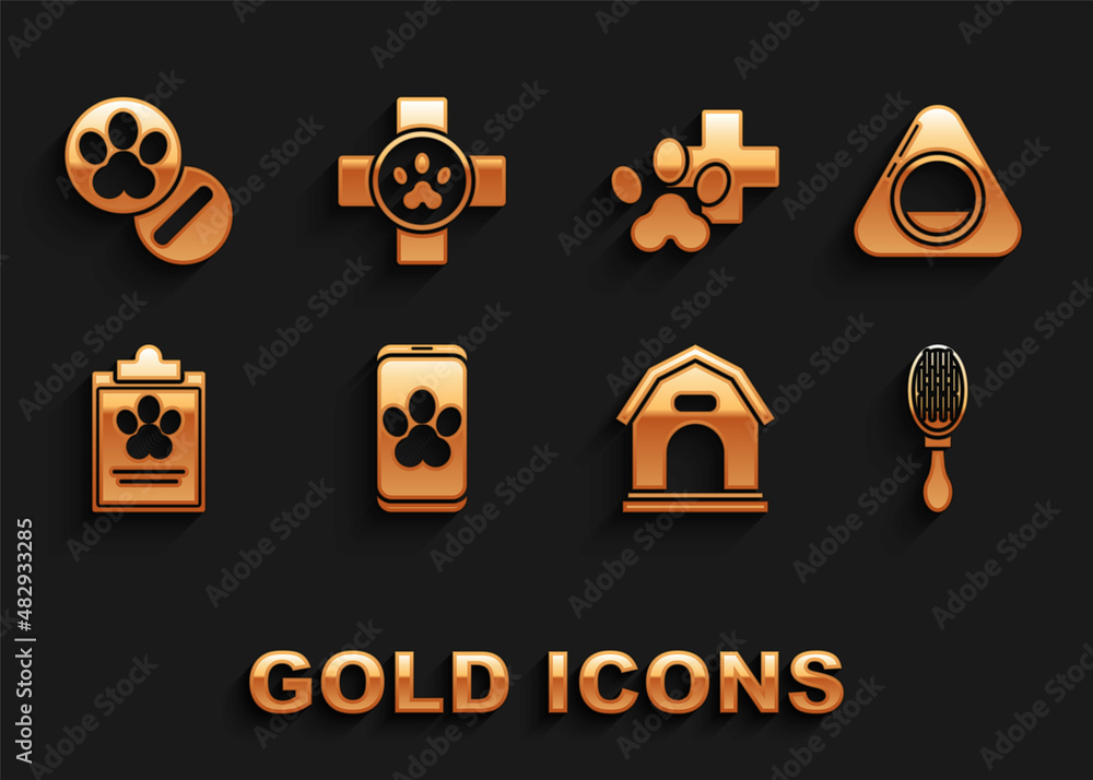 Set Online veterinary clinic symbol, Pet bed, Hair brush for dog and cat, Dog house, Clipboard with medical clinical record pet, Veterinary, pills and icon. Vector Set Online veterinary clinic symbol, Pet bed, Hair brush for dog and cat, Dog house, Clipboard with medical clinical record pet, Veterinary, pills and icon. Vector