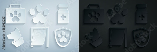 Set Door for pet, Dog medicine bottle and pills, Cat, Animal health insurance, Paw print and Pet first aid kit icon. Vector
