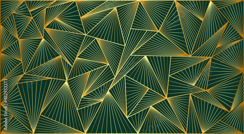 Luxury gold background, unique graphic wallpaper. Triangles of different sizes with a texture of golden lines are located on a noble dark green background.