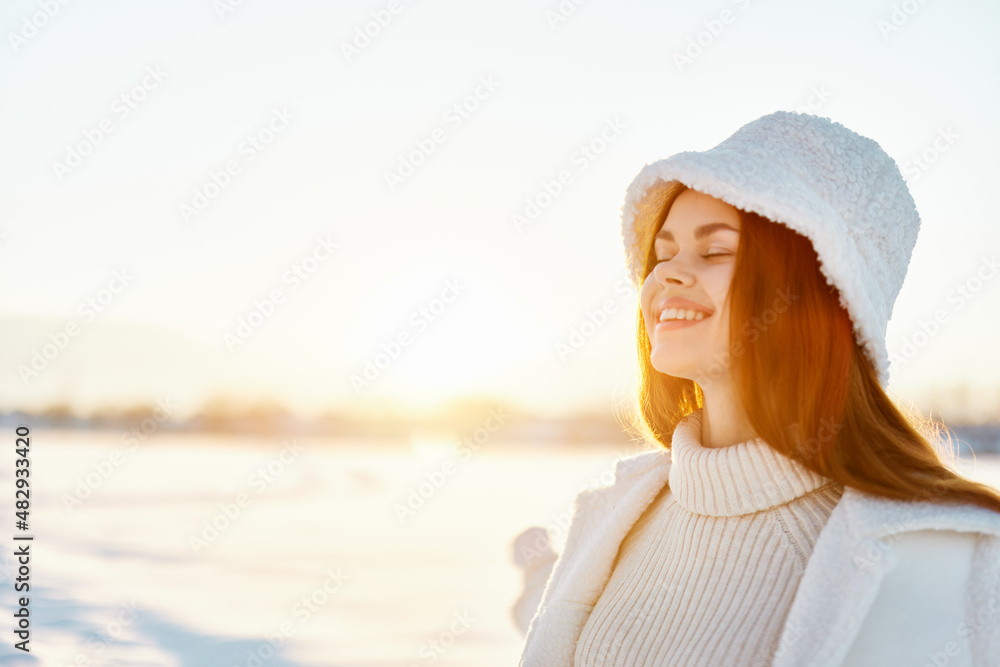 beautiful woman smile Winter mood walk white coat Fresh air
