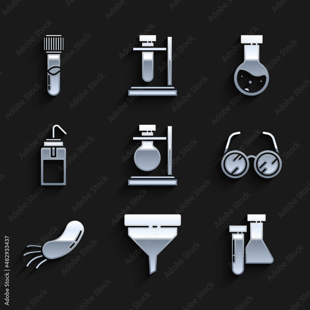 Set Test tube flask on stand, Funnel or filter, chemical, Laboratory glasses, Bacteria, wash bottle, and icon. Vector Set Test tube flask on stand, Funnel or filter, chemical, Laboratory glasses, Bacteria, wash bottle, and icon. Vector