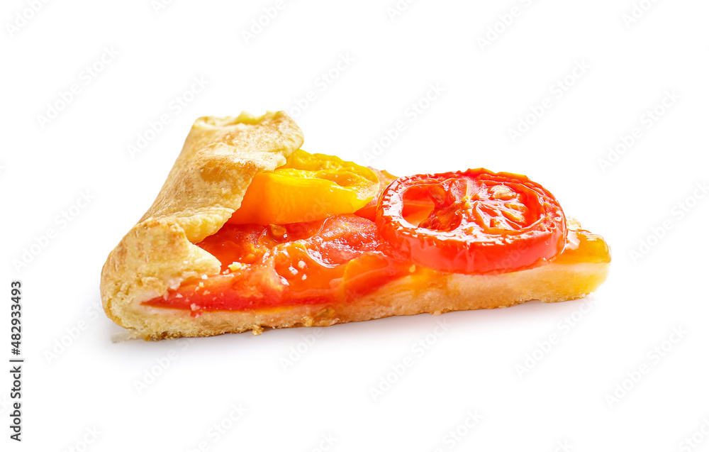Piece of tasty tomato galette on white background Piece of tasty tomato galette on white background