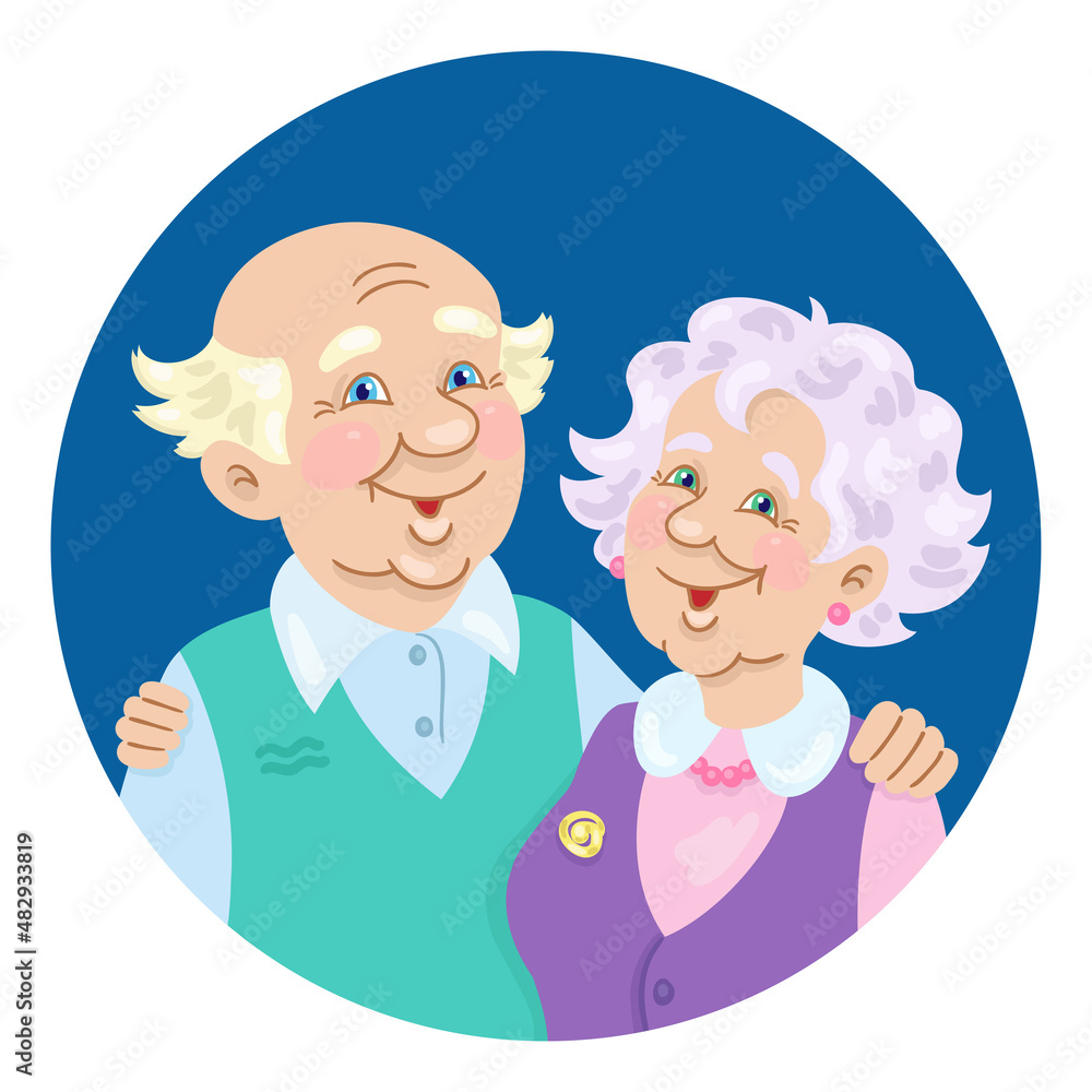 Portrait of a cute elderly couple. Adult man and woman embrace. Avatar icon in dark blue circle. In cartoon style. Isolated on white background. Vector illustration Portrait of a cute elderly couple. Adult man and woman embrace. Avatar icon in dark blue circle. In cartoon style. Isolated on white background. Vector illustration