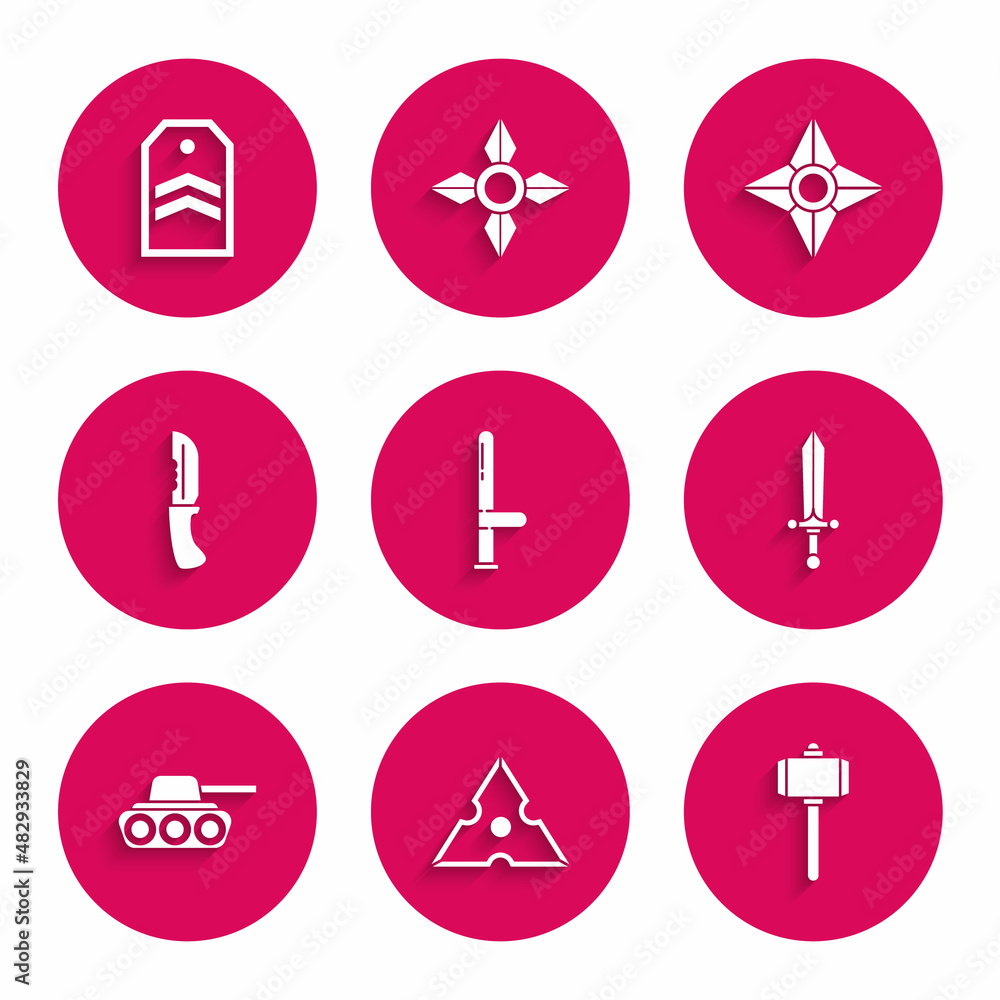 Set Police rubber baton, Japanese ninja shuriken, Battle hammer, Medieval sword, Military tank, knife, and Chevron icon. Vector Set Police rubber baton, Japanese ninja shuriken, Battle hammer, Medieval sword, Military tank, knife, and Chevron icon. Vector