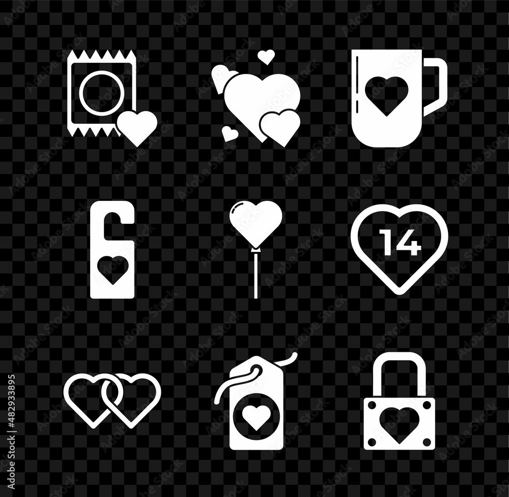Set Condom in package, Heart, Coffee cup and heart, Two Linked Hearts, tag, Lock, Please not disturb with and Balloons form icon. Vector Set Condom in package, Heart, Coffee cup and heart, Two Linked Hearts, tag, Lock, Please not disturb with and Balloons form icon. Vector