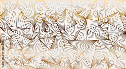 Unique background, golden graphic wallpaper. A combination of triangles of different sizes with a texture of golden lines on a light gray background.