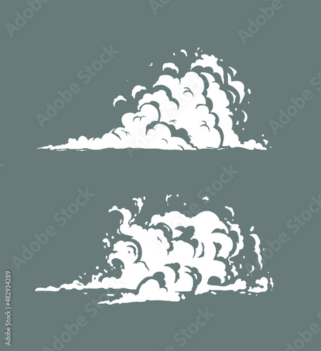 Vector smoke set effects template. Cartoon steam clouds, mist, puff, fog, watery vapor, or dust explosion 2D VFX illustration. Clip art element for game, print, advertising, menu, and web design.