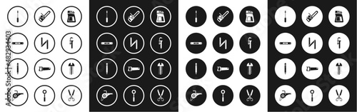 Set Cement bag, Folding ruler, Construction bubble level, Screwdriver, Calliper or caliper and scale, Chainsaw, Metallic screw and Pencil with eraser icon. Vector