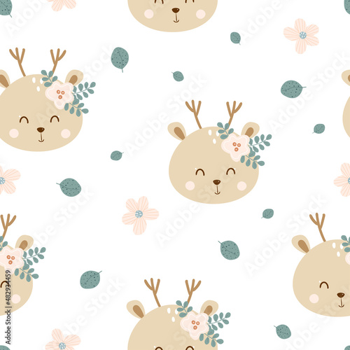 Seamless pattern with funny deer head and flowers on white background