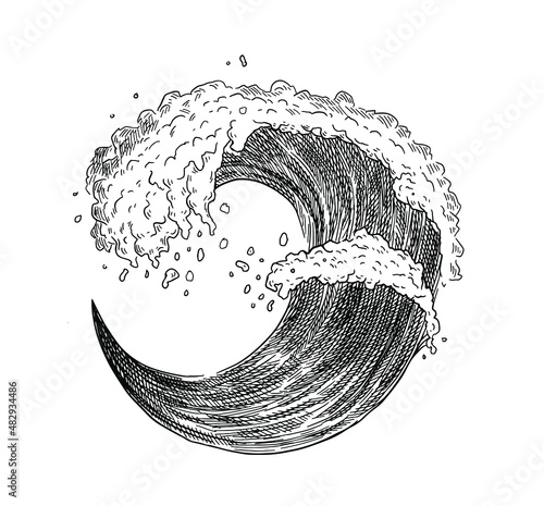 Sea wave sketch. Vintage hand drawn ocean tidal storm waves isolated on white background for surfing and seascape.	