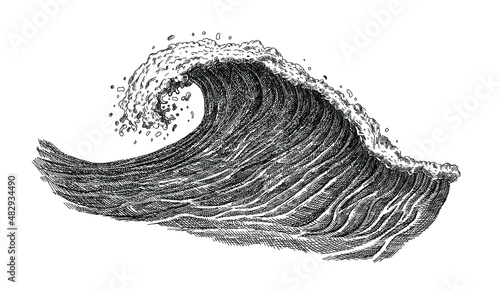Sea wave sketch. Vintage hand drawn ocean tidal storm waves isolated on white background for surfing and seascape. Vacation and Travel concept. Vector illustration.	