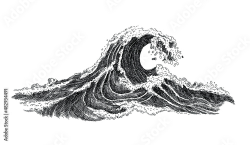 Sea wave sketch. Vintage hand drawn ocean tidal storm waves isolated on white background for surfing and seascape. Vacation and Travel concept. Vector illustration.	