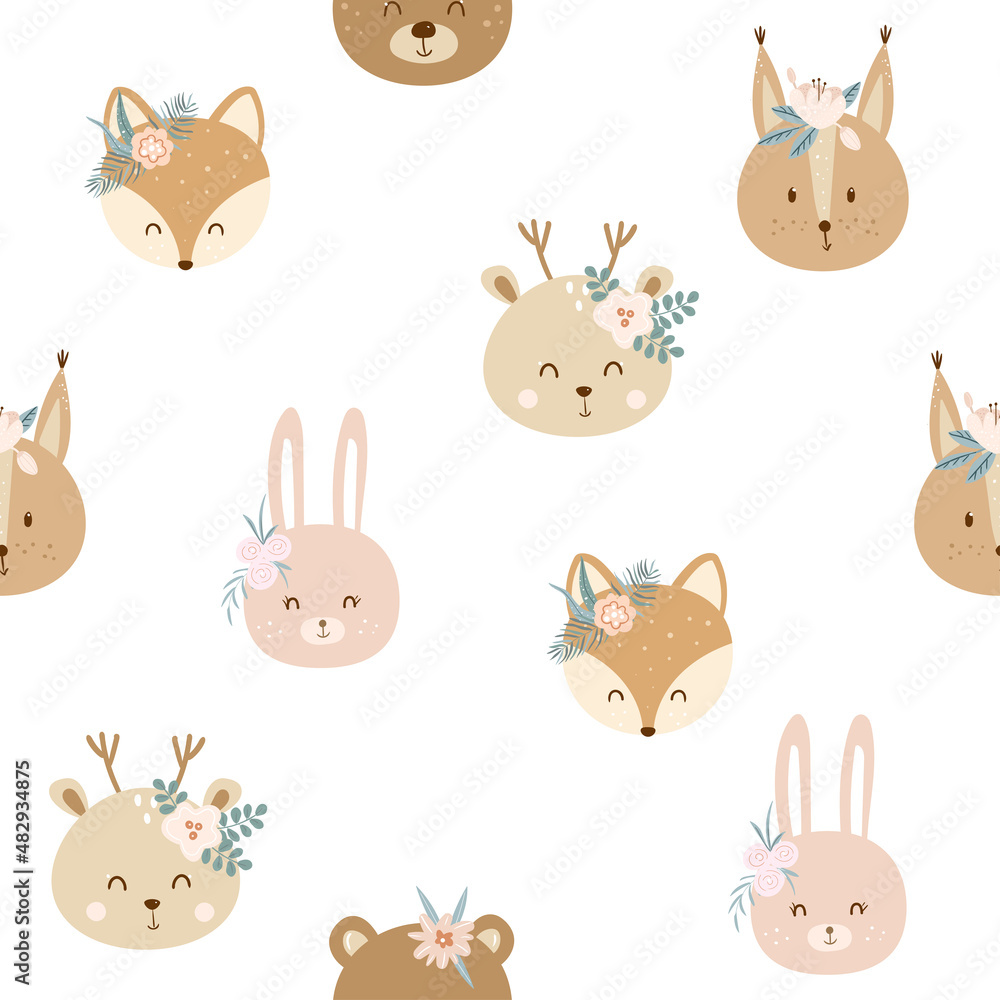 Seamless baby pattern with face cute pink rabbit, squirrel, bear, fox, deer and flowers on white background