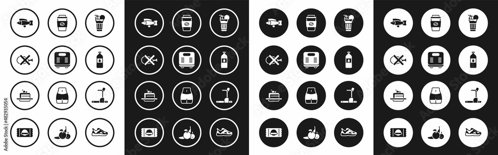 Set Fresh smoothie, Bathroom scales, No meat, Fish, Bottle of water, Coffee cup to go, Treadmill machine and Cake icon. Vector Set Fresh smoothie, Bathroom scales, No meat, Fish, Bottle of water, Coffee cup to go, Treadmill machine and Cake icon. Vector