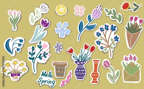 Spring flowers stickers stylized plants folk motifs hyuge bohemia english lettering hello spring hand drawn individual elements big set
