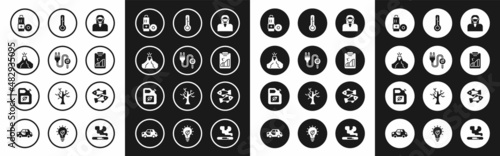 Set Face in protective mask, Electric saving plug leaf, Volcano eruption with lava, Battery, Global warming, Meteorology thermometer, Dead fish and Bio fuel canister icon. Vector