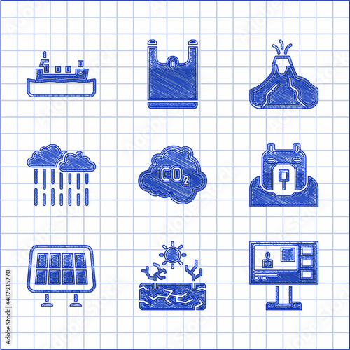 Set CO2 emissions in cloud, Drought, Television report, Polar bear head, Solar energy panel, Cloud with rain, Volcano eruption lava and Oil tanker ship icon. Vector