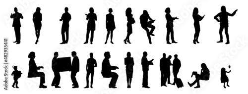 Vector illustration, Outline silhouettes of people, Contour drawing, people silhouette, architecture sketch people , Silhouette of sitting people, Architectural set