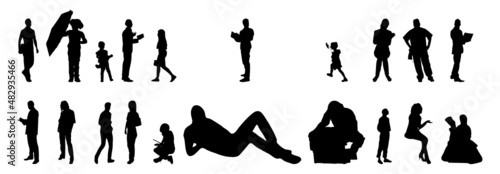 Vector illustration, Outline silhouettes of people, Contour drawing, people silhouette, architecture sketch people , Silhouette of sitting people, Architectural set