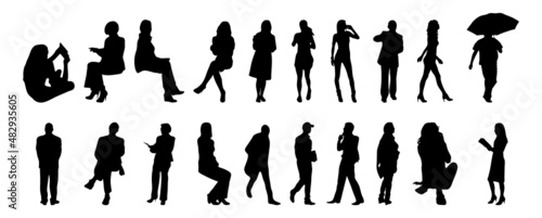 Vector illustration, Outline silhouettes of people, Contour drawing, people silhouette, architecture sketch people , Silhouette of sitting people, Architectural set