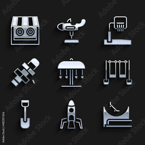 Set Attraction carousel, Rocket ship, Skate park, Double swing, Shovel toy, Hopscotch, Basketball backboard and Shooting gallery icon. Vector