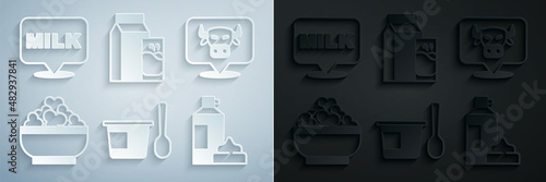 Set Yogurt container with spoon, Cow head, Cottage cheese, Whipped cream bottle, Paper package for kefir and Lettering milk icon. Vector