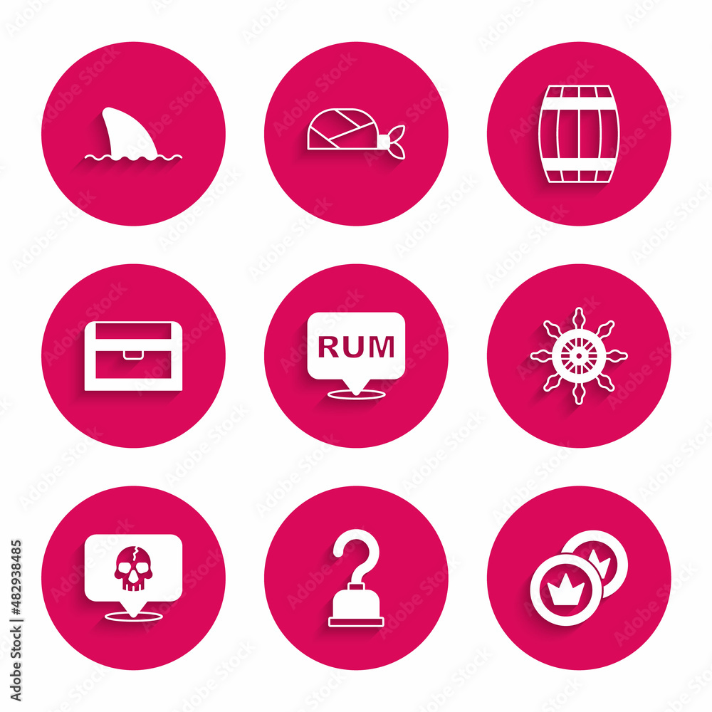 Set Alcohol drink Rum, Pirate hook, coin, Ship steering wheel, Skull, Antique treasure chest, Wooden barrel and Shark fin ocean wave icon. Vector Set Alcohol drink Rum, Pirate hook, coin, Ship steering wheel, Skull, Antique treasure chest, Wooden barrel and Shark fin ocean wave icon. Vector