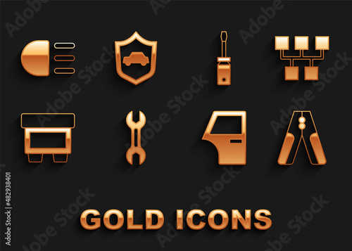 Set Wrench spanner, Gear shifter, Car battery jumper power cable, door, Fuse, Screwdriver, High beam and with shield icon. Vector