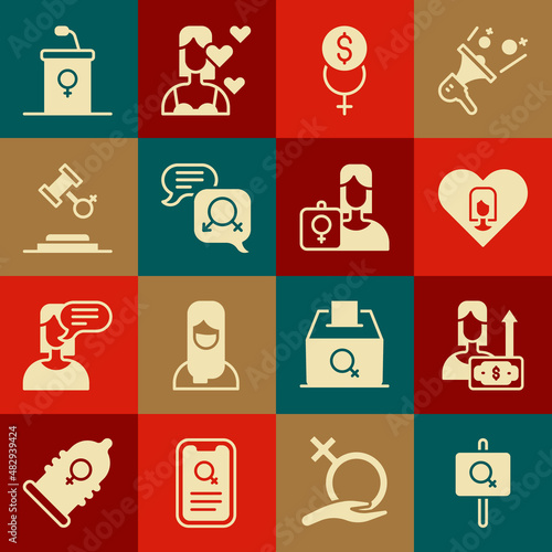 Set Feminist activist, Money growth woman, Heart with female, Feminism finance, Gender equality, Female rights, Debate podium rostrum and icon. Vector