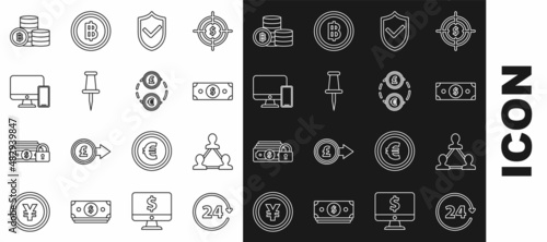 Set line Clock 24 hours, Project team base, Stacks paper money cash, Shield with check mark, Push pin, Computer monitor and mobile phone, Cryptocurrency coin Bitcoin and Money exchange icon. Vector