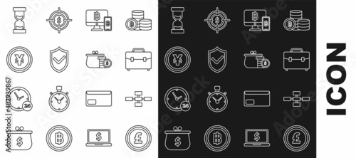 Set line Coin money with pound sterling symbol, Briefcase, Computer monitor mobile phone and bitcoin, Shield check mark, Yen, Old hourglass flowing sand and Wallet coins icon. Vector
