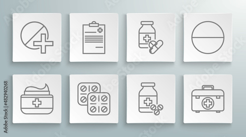 Set line Ointment cream tube medicine, Medical clipboard with clinical record, Pills blister pack, Medicine bottle and pills, First aid kit, tablet and icon. Vector