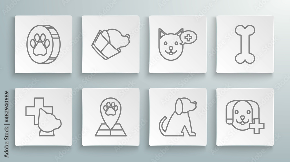 Set line Veterinary clinic symbol, Map pointer with veterinary medicine hospital, Dog, bone and Paw print icon. Vector Set line Veterinary clinic symbol, Map pointer with veterinary medicine hospital, Dog, bone and Paw print icon. Vector