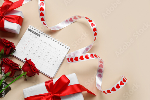 Calendar with roses, ribbon...
