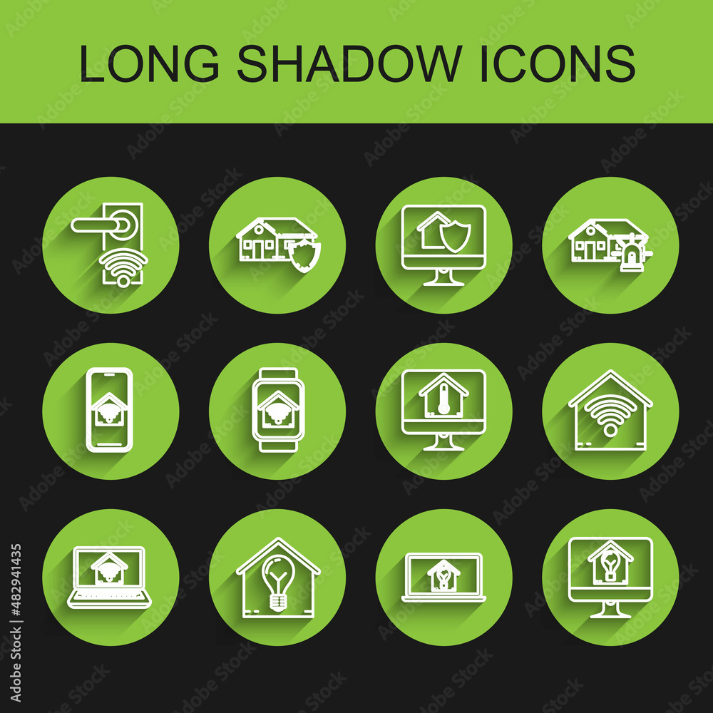 Set line Laptop with smart home with wi-fi, Smart house and light bulb, Digital door lock wireless technology for unlock, Computer monitor, watch, and temperature icon. Vector Set line Laptop with smart home with wi-fi, Smart house and light bulb, Digital door lock wireless technology for unlock, Computer monitor, watch, and temperature icon. Vector