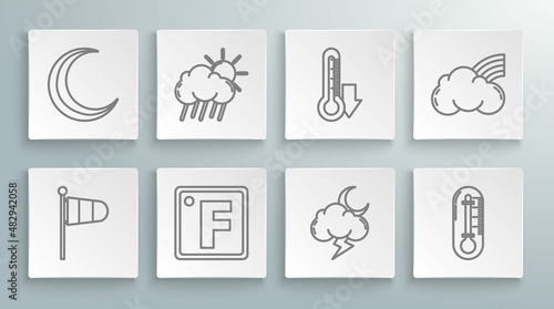 Set line Cone meteorology windsock wind vane, Cloud with rain and sun, Fahrenheit, Storm, Thermometer, Rainbow clouds and Moon stars icon. Vector